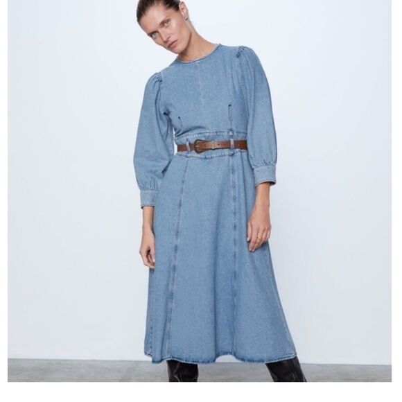 ZARA Belted Denim Midi Dress Sz XS NWT - Picture 1 of 11
